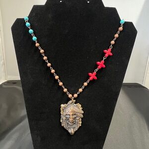 Southwestern Chief Head Pendant Necklace Copper Turquoise Red Cross Beads 26 In